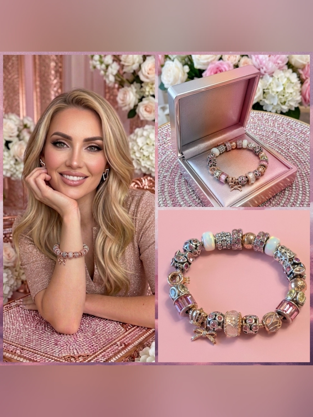 Pandora 14K Rose Gold & Pink Mixed Charm Bracelet - Size 8.3